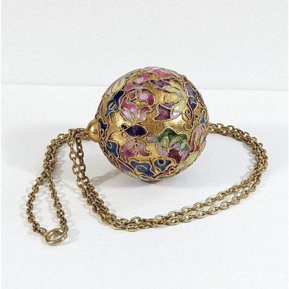 Large Globe Ball Butterfly Design Cloisonne Pendant Necklace - Picture 2 of 16